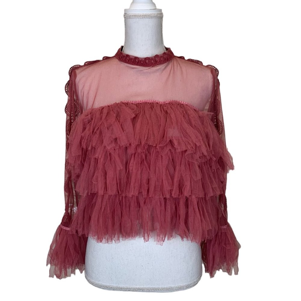 Impulse Mauve Pink Sheer Mesh Ruffle Blouse Romantic Boho Top